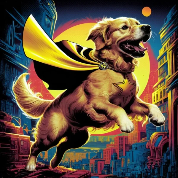 A Golden Retriever depicted as a comic book hero