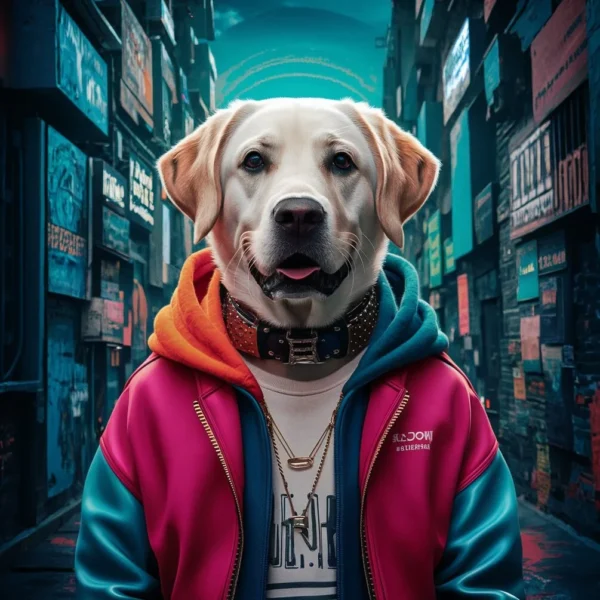 A Labrador Retriever dressed in urban streetwear