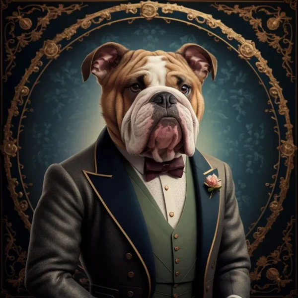 A pet dog dressed in suite by AI Artz