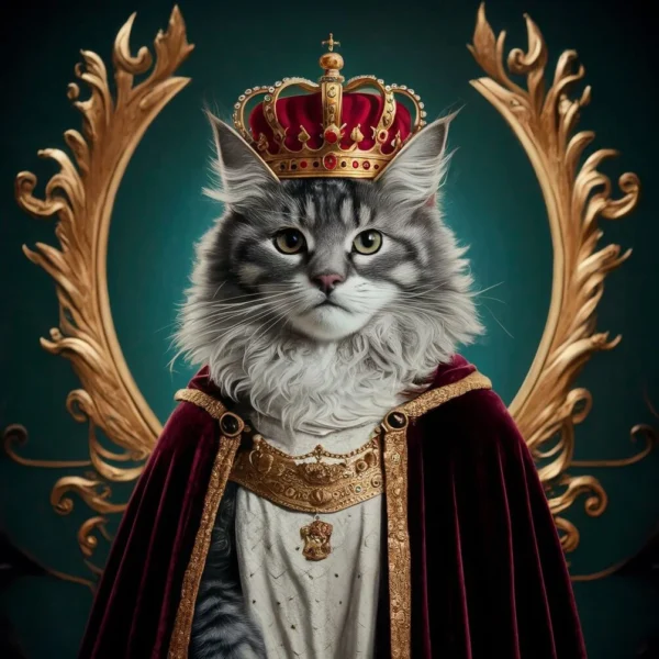 A majestic cat dressed as a royal king