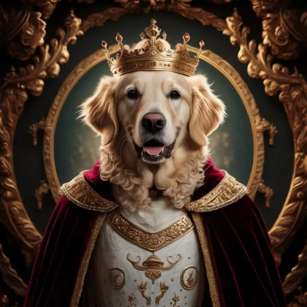 A majestic golden retriever dressed as a royal king