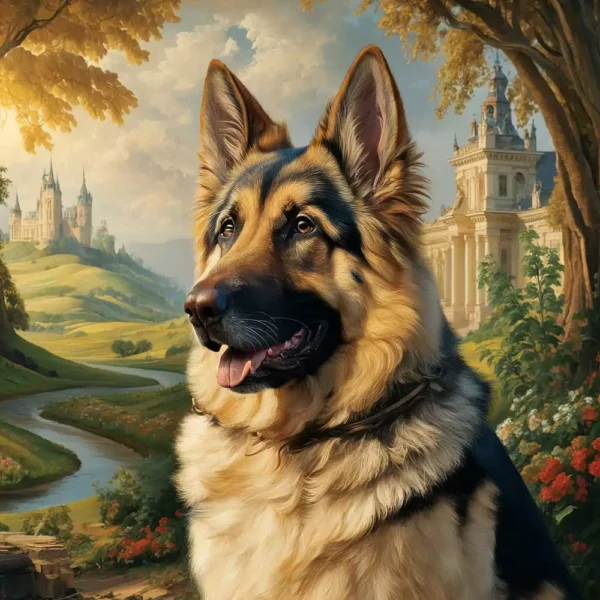 A male German Shepherd depicted in the style of an oil painting masterpiece