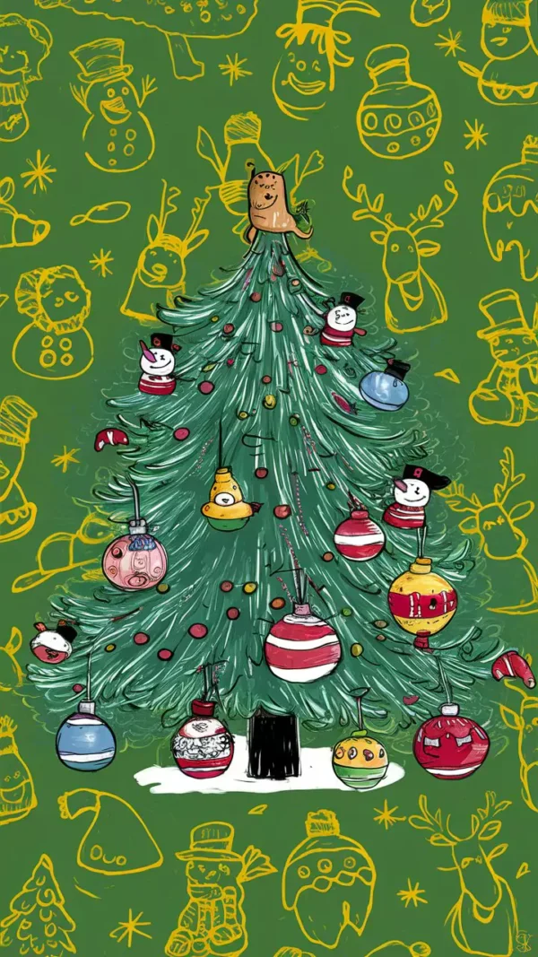 Hand-drawn Christmas tree with quirky ornaments, colorful and playful doodle-style wallpaper by AI Artz