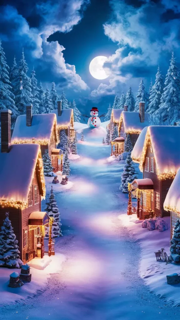 Snowy streets lined with Christmas lights, small cottages, pine trees, and a snowman, vibrant colors, wallpaper format by AI Artz