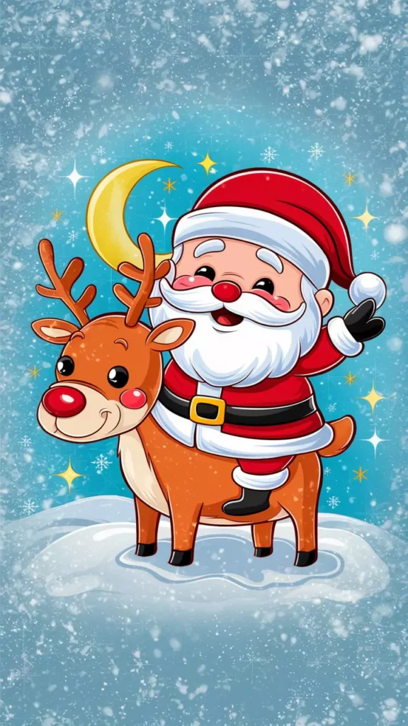 Adorable cartoon Santa Claus and reindeer waving, snowy background, colorful and playful wallpaper by AI Artz